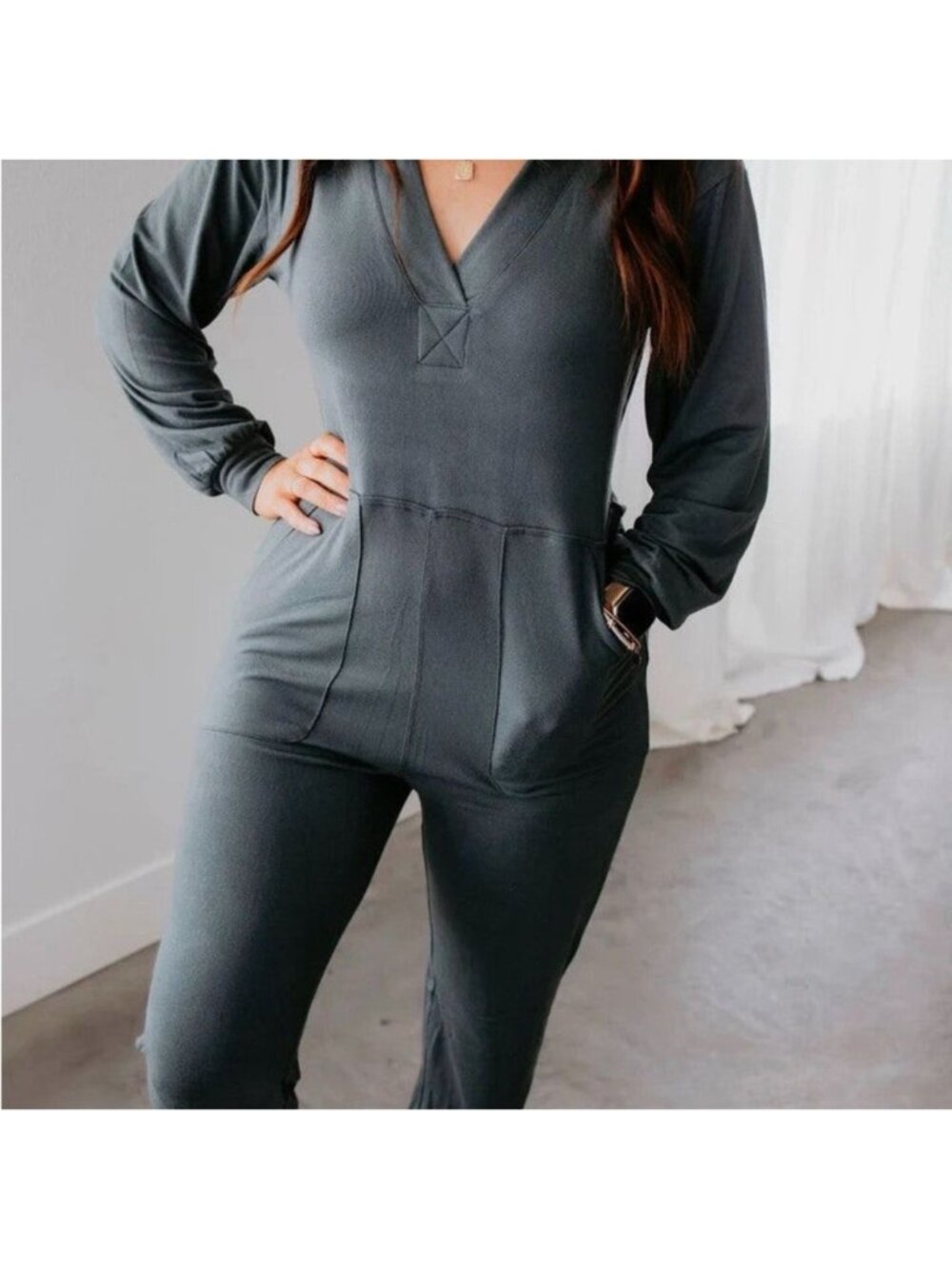MONO B Marty Gray Hooded Jumpsuit Size Large NEW NWT